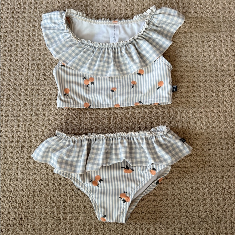 Girls Blue Gingham & Peach Print Ruffle Bikini - Kids